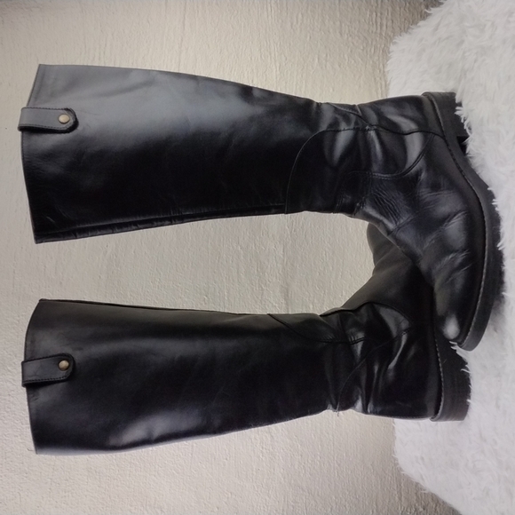 Pie Libre Italian Black Leather Almond Toe Side Zipper Low Heel Casual Tall Boot - Picture 1 of 13